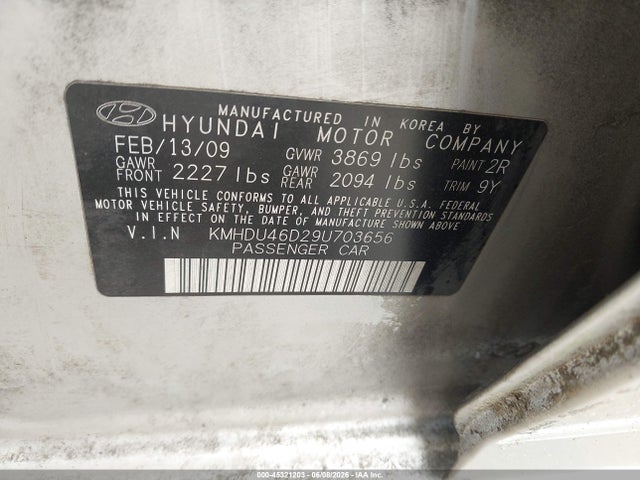 2009 Hyundai Elantra Gls მანქანა იყიდება აუქციონზე, vin: KMHDU46D29U703656, აუქციონის ნომერი: 45321203