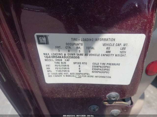 45321214 :رقم المزاد ، 1G4HR54K43U236306 vin ، 2003 Buick Lesabre Limited مزاد بيع