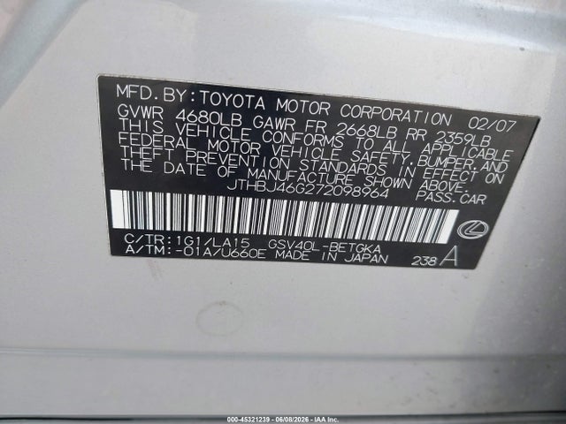 Продажа на аукционе авто 2007 Lexus Es 350, vin: JTHBJ46G272098964, номер лота: 45321239