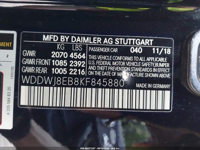 Aukcja sprzedaży 2019 Mercedes-benz C 300 4matic, vin: WDDWJ8EB8KF845880, numer aukcji: 45321247
