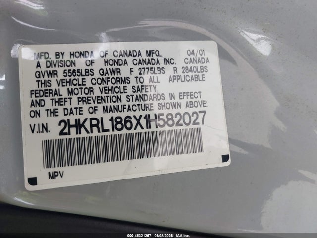 Продаж на аукціоні авто 2001 Honda Odyssey Ex, vin: 2HKRL186X1H582027, номер лоту: 45321257