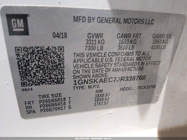 1GNSKAEC7JR338768 Chevrolet Tahoe Ls