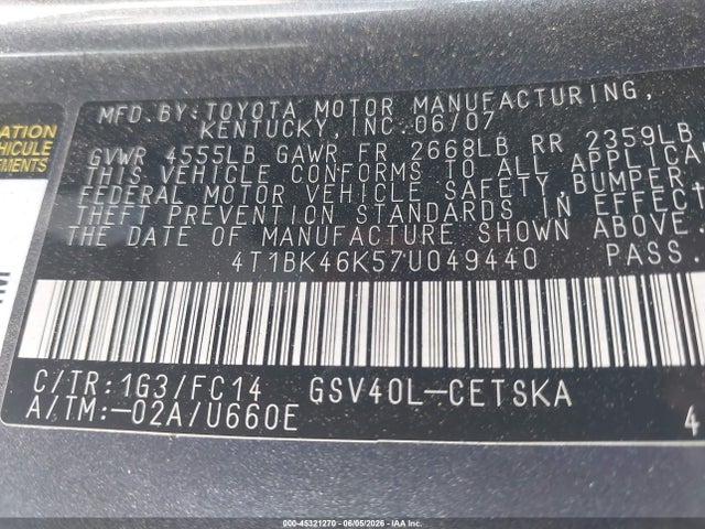 Продажа на аукционе авто 2007 Toyota Camry Se V6, vin: 4T1BK46K57U049440, номер лота: 45321270