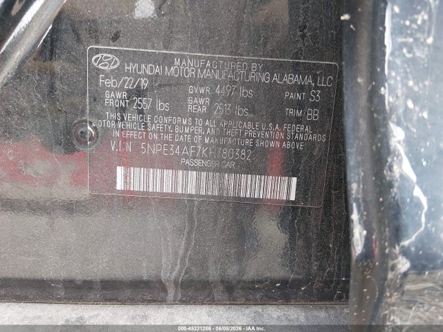 Aukcja sprzedaży 2019 Hyundai Sonata Sel, vin: 5NPE34AF7KH780382, numer aukcji: 45321286