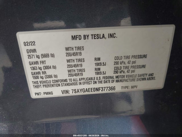 Продажа на аукционе авто 2022 Tesla Model Y Long Range Dual Motor All-wheel Drive, vin: 7SAYGAEE0NF377366, номер лота: 45321285