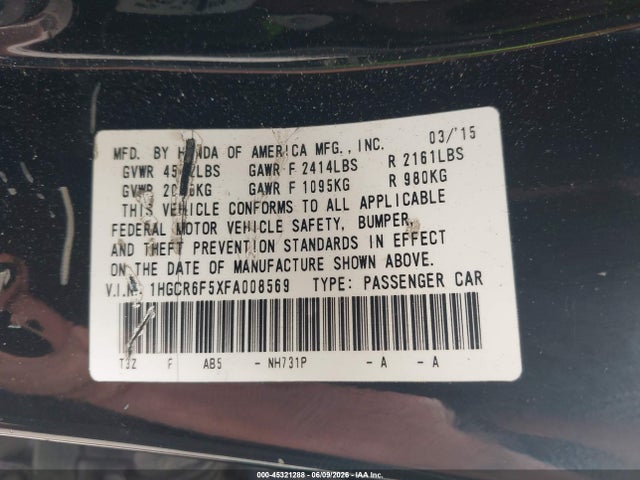 2015 Honda Accord Hybrid Ex-l მანქანა იყიდება აუქციონზე, vin: 1HGCR6F5XFA008569, აუქციონის ნომერი: 45321288