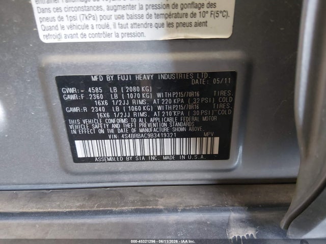 45321296 :رقم المزاد ، 4S4BRBAC9B3419321 vin ، 2011 Subaru Outback 2.5i مزاد بيع