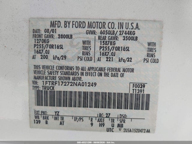 Продаж на аукціоні авто 2002 Ford F-150 Xl/xlt, vin: 1FTRF17272NA01249, номер лоту: 45321299