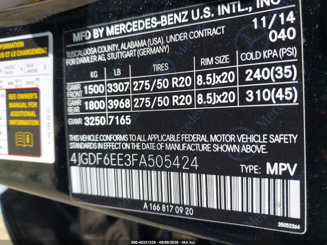 Aukcja sprzedaży 2015 Mercedes-benz Gl 450 4matic, vin: 4JGDF6EE3FA505424, numer aukcji: 45321338