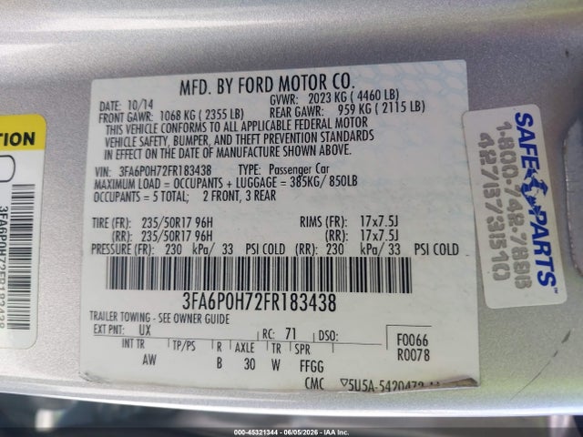 Ford FUSION SE 2015 3FA6P0H72FR183438 Image 9