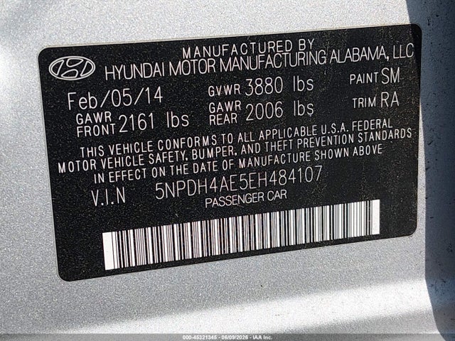 Aukcja sprzedaży 2014 Hyundai Elantra Se, vin: 5NPDH4AE5EH484107, numer aukcji: 45321345