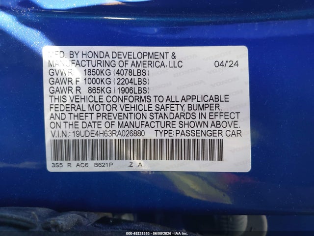 Продажа на аукционе авто 2024 Acura Integra A-spec Technology, vin: 19UDE4H63RA026880, номер лота: 45321353