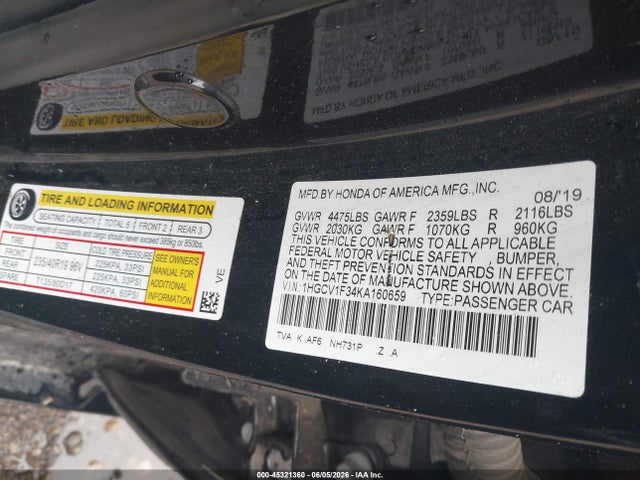 Продаж на аукціоні авто 2019 Honda Accord Sport, vin: 1HGCV1F34KA160659, номер лоту: 45321360