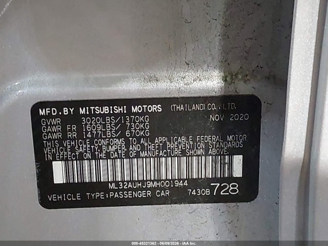 Продаж на аукціоні авто 2021 Mitsubishi Mirage Carbonite Edition/es/le, vin: ML32AUHJ9MH001944, номер лоту: 45321362