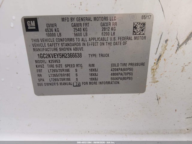 45321364 :رقم المزاد ، 1GC2KVEY5HZ366638 vin ، 2017 Chevrolet Silverado 2500hd Lt مزاد بيع