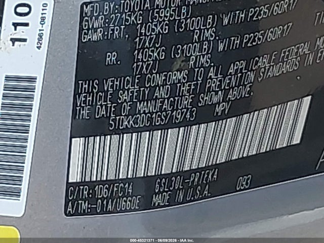 Aukcja sprzedaży 2016 Toyota Sienna Le 8 Passenger, vin: 5TDKK3DC1GS719743, numer aukcji: 45321371