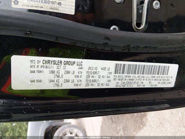 Продаж на аукціоні авто 2013 Jeep Compass Latitude, vin: 1C4NJCEB3DD197145, номер лоту: 45321381