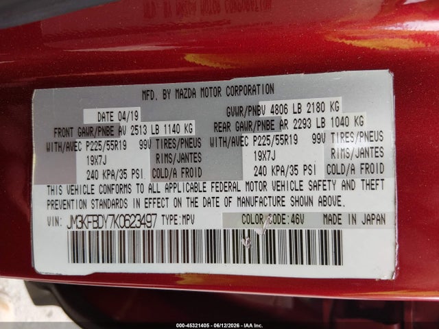 Продажа на аукционе авто 2019 Mazda Cx-5 Grand Touring Reserve, vin: JM3KFBDY7K0623497, номер лота: 45321405