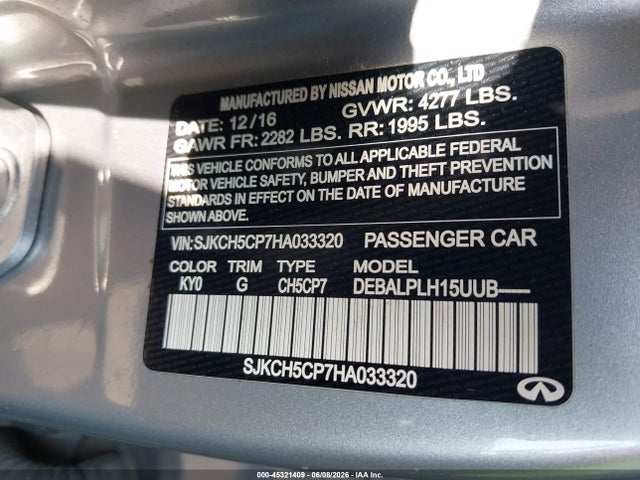 2017 Infiniti Qx30 მანქანა იყიდება აუქციონზე, vin: SJKCH5CP7HA033320, აუქციონის ნომერი: 45321409
