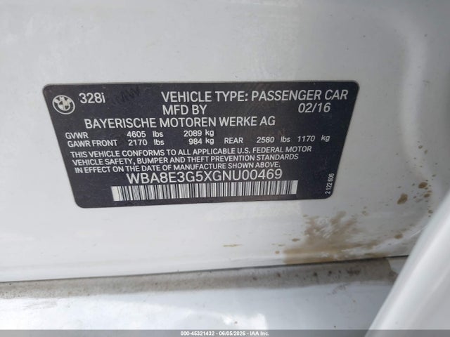 45321432 :رقم المزاد ، WBA8E3G5XGNU00469 vin ، 2016 Bmw 328i Xdrive مزاد بيع