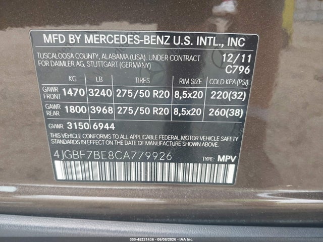 Aukcja sprzedaży 2012 Mercedes-benz Gl 450 4matic, vin: 4JGBF7BE8CA779926, numer aukcji: 45321436