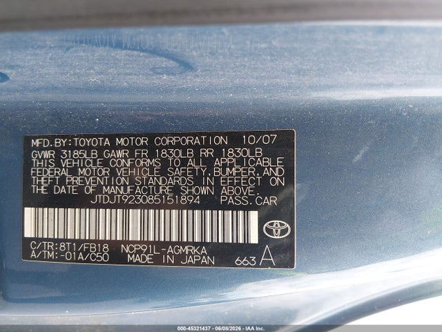 45321437 :رقم المزاد ، JTDJT923085151894 vin ، 2008 Toyota Yaris مزاد بيع