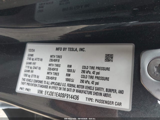 Продажа на аукционе авто 2025 Tesla Model 3 Long Range Rear-wheel Drive/standard Rear-wheel Drive, vin: 5YJ3E1EA0SF914436, номер лота: 45321458