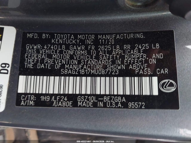 45321461 :رقم المزاد ، 58AGZ1B17MU087723 vin ، 2021 Lexus Es 350 F Sport مزاد بيع
