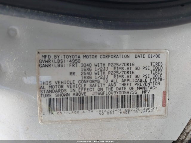 2000 Lexus Rx 300 მანქანა იყიდება აუქციონზე, vin: JT6GF10U9Y0059735, აუქციონის ნომერი: 45321465