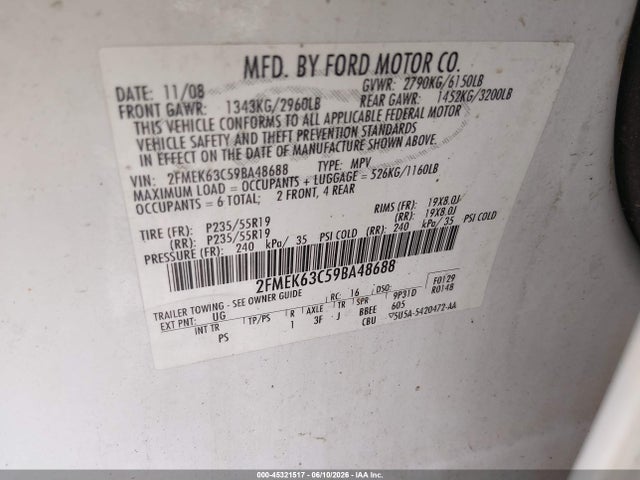 Aukcja sprzedaży 2009 Ford Flex Limited, vin: 2FMEK63C59BA48688, numer aukcji: 45321517