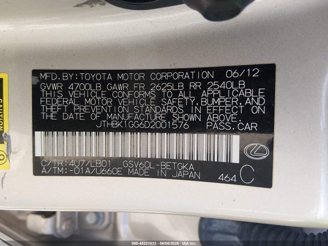 Aukcja sprzedaży 2013 Lexus Es 350, vin: JTHBK1GG6D2001576, numer aukcji: 45321533