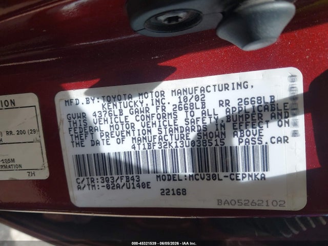 Aukcja sprzedaży 2003 Toyota Camry Le V6, vin: 4T1BF32K13U038515, numer aukcji: 45321539