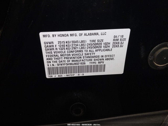 Honda Pilot Touring 2018 5FNYF5H90JB021936 Image 9