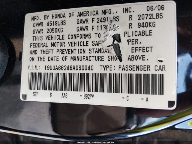 45321562 :رقم المزاد ، 19UUA66246A060040 vin ، 2006 Acura Tl مزاد بيع