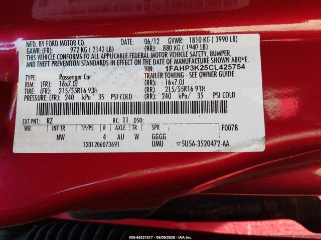 Продаж на аукціоні авто 2012 Ford Focus Se, vin: 1FAHP3K25CL425754, номер лоту: 45321577