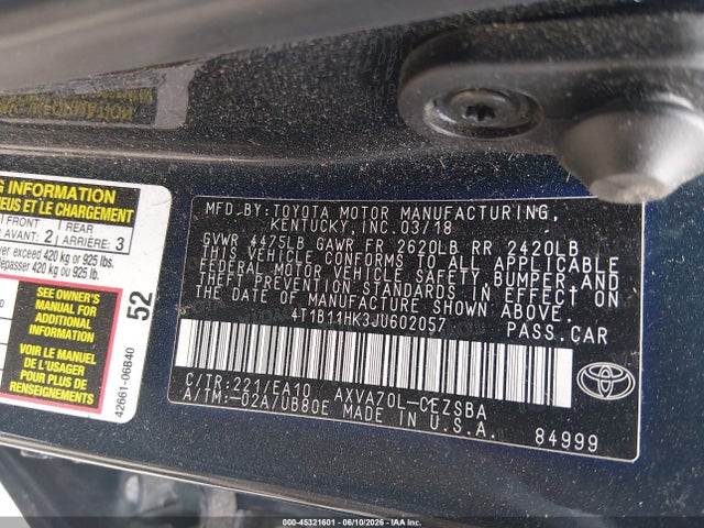 4T1B11HK3JU602057 Toyota CAMRY SE
