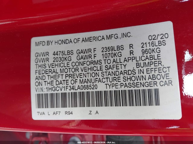 Продажа на аукционе авто 2020 Honda Accord Sport, vin: 1HGCV1F34LA068520, номер лота: 45321612