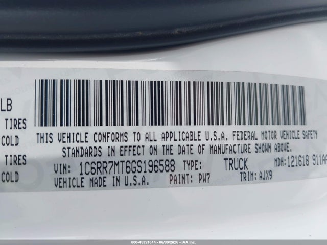 2016 Ram 1500 Sport მანქანა იყიდება აუქციონზე, vin: 1C6RR7MT6GS196588, აუქციონის ნომერი: 45321614