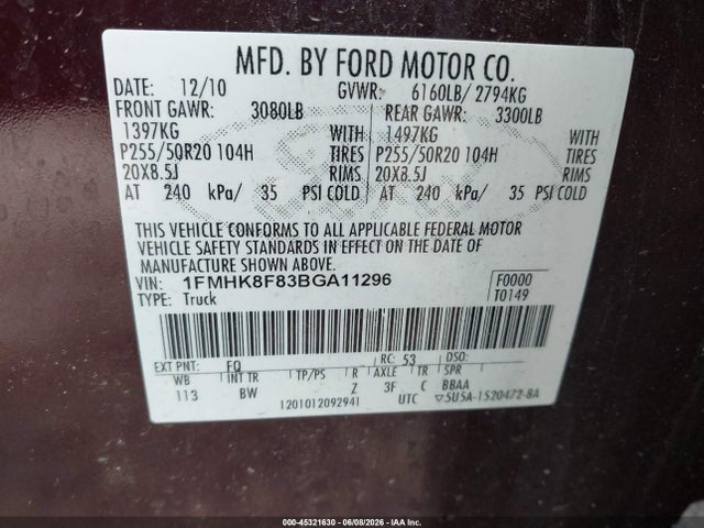 Продажа на аукционе авто 2011 Ford Explorer Limited, vin: 1FMHK8F83BGA11296, номер лота: 45321630