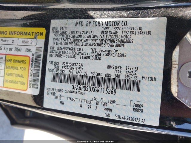 Aukcja sprzedaży 2016 Ford Fusion Energi Titanium, vin: 3FA6P0SUXGR115369, numer aukcji: 45321677