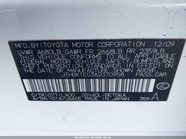 Aukcja sprzedaży 2010 Lexus Es 350, vin: JTHBK1EG3A2370958, numer aukcji: 45321678
