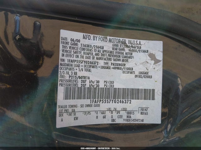 Auction sale of the 2000 Ford Taurus Ses, vin: 1FAFP55S7YG246372, lot number: 45321697