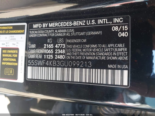45321698 :رقم المزاد ، 55SWF4KB3GU099213 vin ، 2016 Mercedes-benz C 300 4matic/luxury 4matic/sport 4matic مزاد بيع