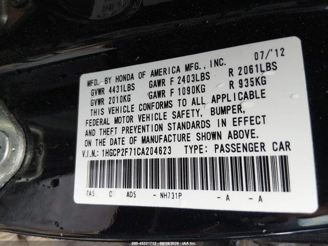 Auction sale of the 2012 Honda Accord 2.4 Ex, vin: 1HGCP2F71CA204623, lot number: 45321712