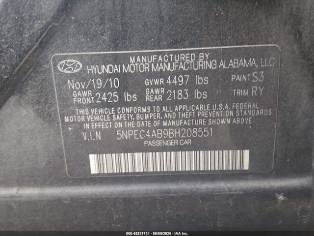 Aukcja sprzedaży 2011 Hyundai Sonata Limited 2.0t, vin: 5NPEC4AB9BH208551, numer aukcji: 45321731