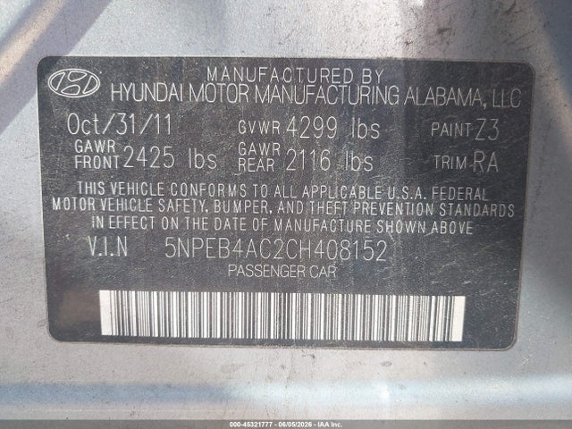 2012 Hyundai Sonata Gls მანქანა იყიდება აუქციონზე, vin: 5NPEB4AC2CH408152, აუქციონის ნომერი: 45321777