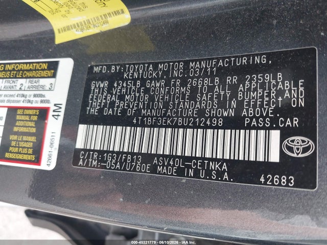2011 Toyota Camry Le/se/xle მანქანა იყიდება აუქციონზე, vin: 4T1BF3EK7BU212498, აუქციონის ნომერი: 45321779