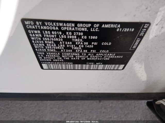 1V2UR2CA3KC537890 Volkswagen Atlas 3.6l V6 Se W/technology