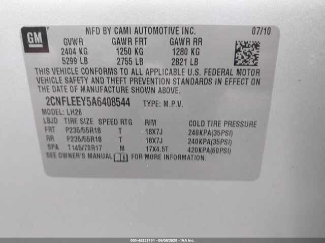 45321791 :رقم المزاد ، 2CNFLEEY5A6408544 vin ، 2010 Chevrolet Equinox Lt مزاد بيع