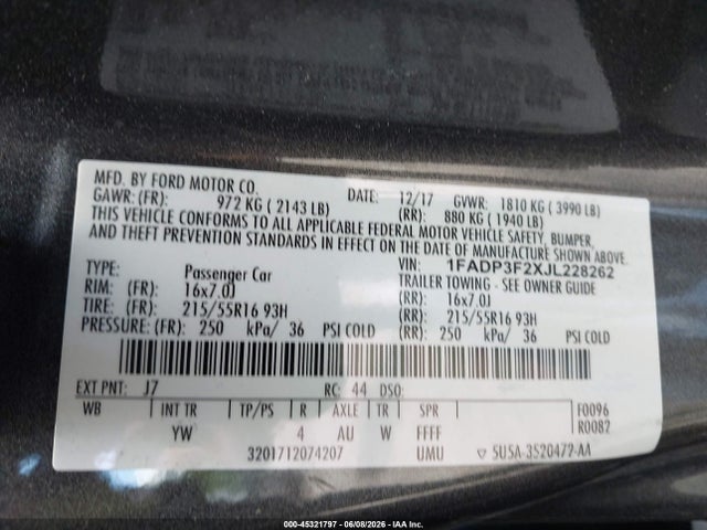 Продаж на аукціоні авто 2018 Ford Focus Se, vin: 1FADP3F2XJL228262, номер лоту: 45321797